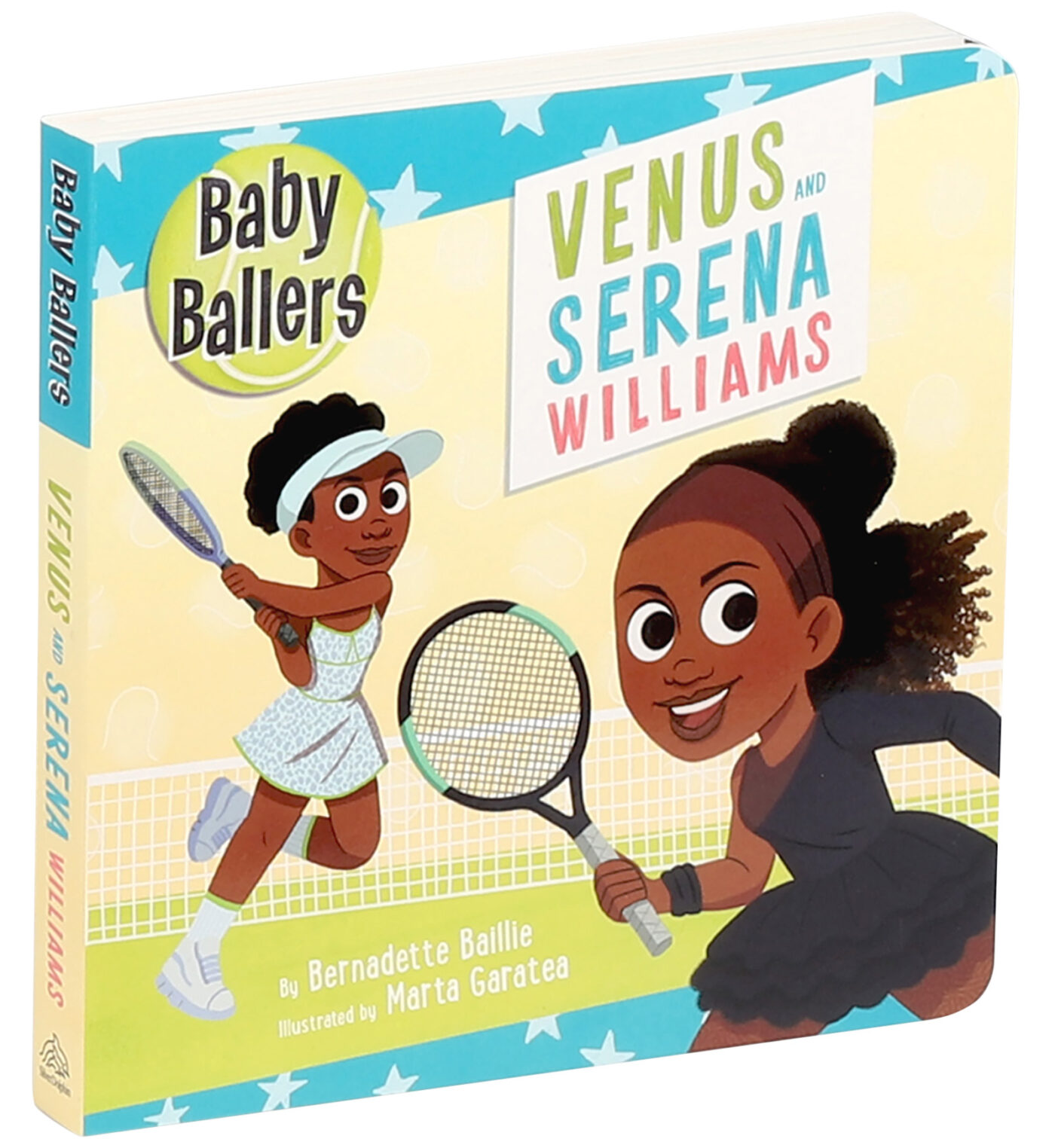 3D image of board book Baby Ballers: Venus and Serena Williams, showing drawings of young Venus and Serena playing tennis